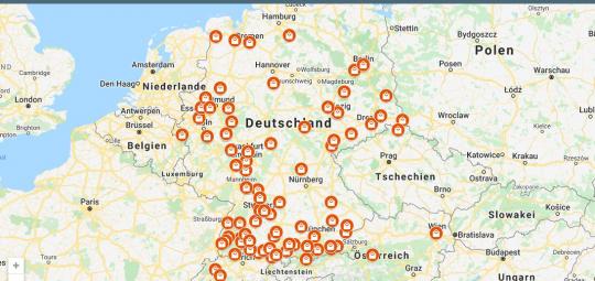 Screenshot einer Kartenanwendung mit Markierungen in Deutschland und angrenzenden Ländern.