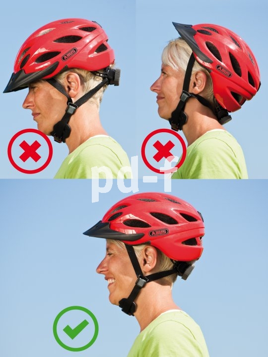 Der Fahrradhelm ist keine Mütze! Leider wird er oft wie eine solche getragen, wobei entweder die Stirn oder der Hinterkopf ungeschützt ist. 