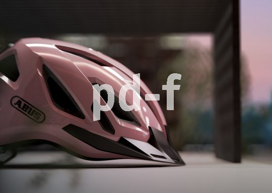 Ein rosa Fahrradhelm mit dem Logo der Firma Abus darauf, von der Seite betrachtet.