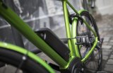 Ein grünes E-Bike, mit einem Faltschloss angeschlossen.