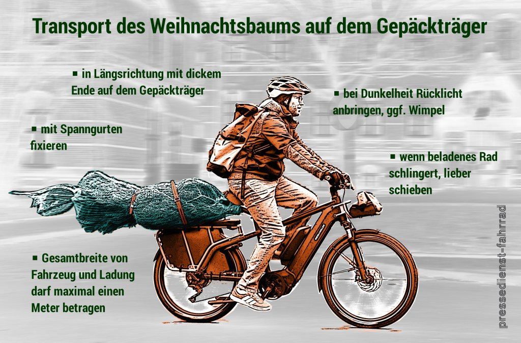 Infografik mit Tipps zum Transport eines Weihnachtsbaums auf dem Gepäckträger eines Fahrrades.
