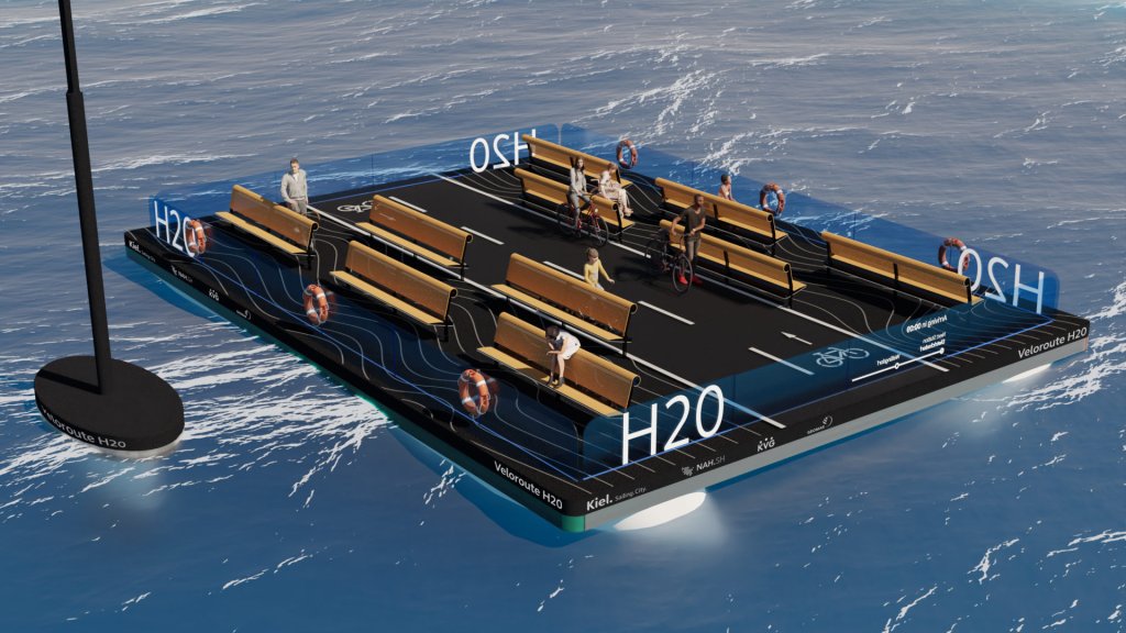 Ein Computer-simuliertes Bild einer schwimmenden Plattform auf dem Wasser mit Sitzbänden und einer Fahrradspur darauf.