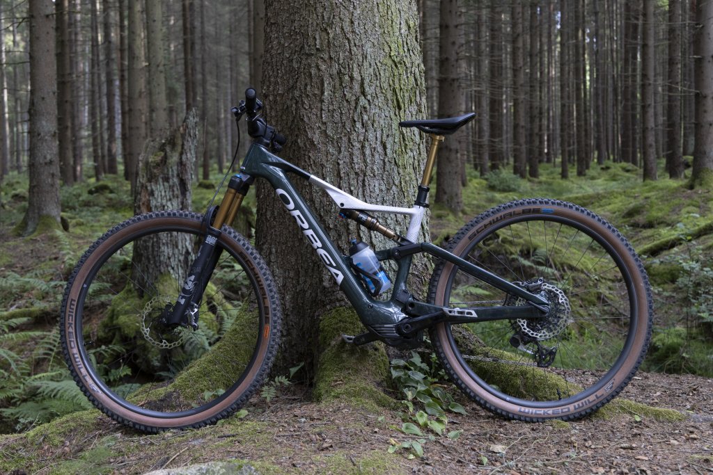 E-Moutainbike lehnt an Baum.