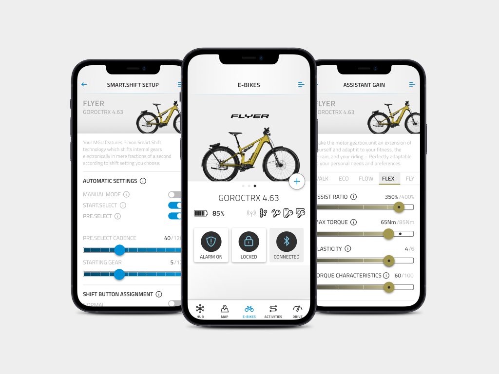 Drei Smartphones mit E-Bike-Apps