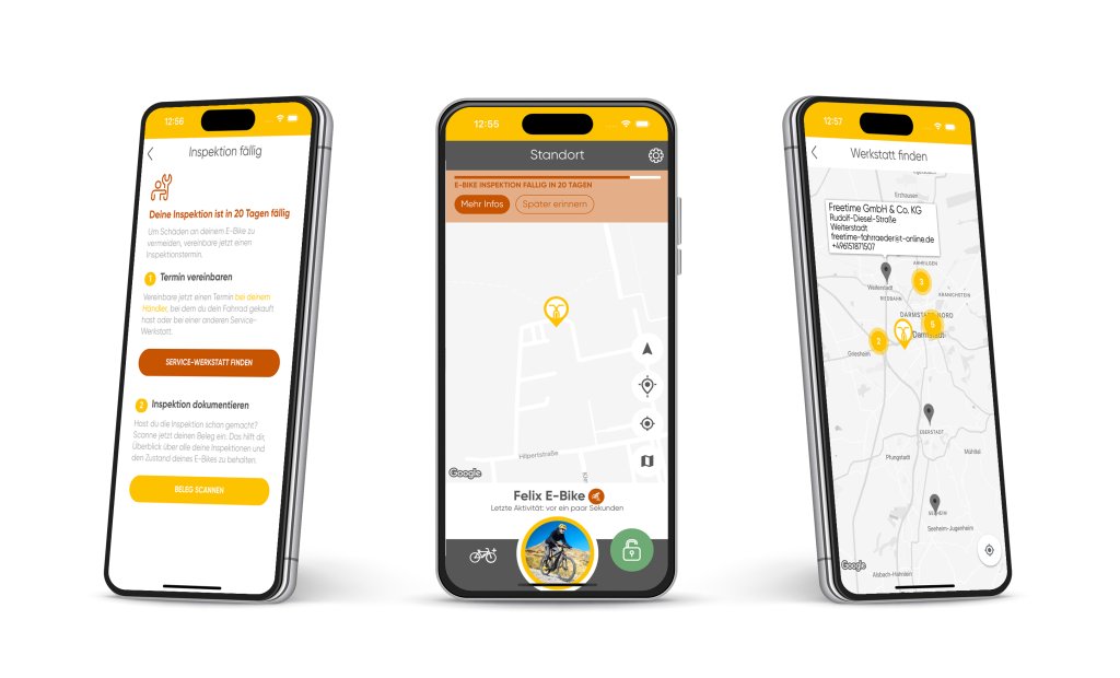 Drei Screens der Smartphone-App \"It\'s my bike\" von IOT Venture.