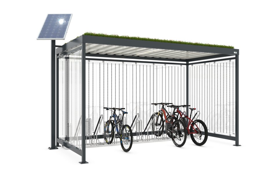 Einspieler Fahrradgarage mit Dachbegrünung und Photovoltaikanlage