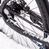 Der Riemenantrieb an einem Fahrrad im Schnee.