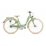 Ein grünes Fahrrad in klassischer Schwanenhalsform mit beigen Reifen, Lenkergriffen und Sattel.
