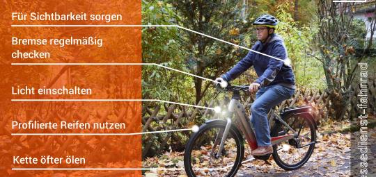 Infografik bestehend aus einem Foto eines Radfahrers und Beschriftung wichtiger Aspekte fürs Radfahren im Herbst.