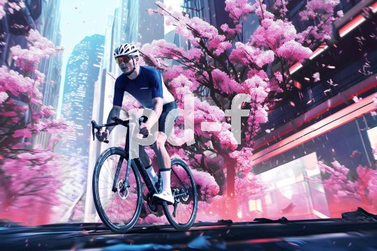 Ein Rennradfahrer vor einem künstlich wirkenden Hintergrund aus rosa blühenden Bäumen und Hochhäusern.