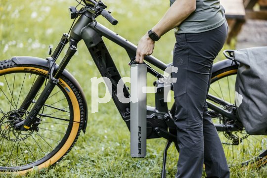 Eine Person steht neben einem E-Bike und hält den länglichen Akku in der Hand, der im Rahmen montiert wird.
