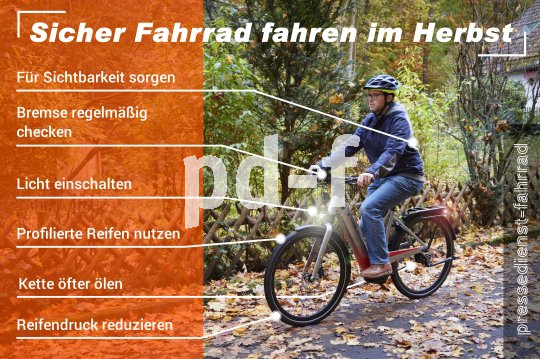 Infografik bestehend aus einem Foto eines Radfahrers und Beschriftung wichtiger Aspekte fürs Radfahren im Herbst.