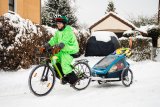 Ein Mann in einem Frosch-Kostüm fährt auf einem Fahrrad mit Kinderanhänger auf einer schneebedeckten Fahrbahn.