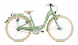 Ein grünes Fahrrad in klassischer Schwanenhalsform mit beigen Reifen, Lenkergriffen und Sattel.